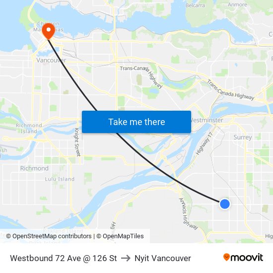 Westbound 72 Ave @ 126 St to Nyit Vancouver map