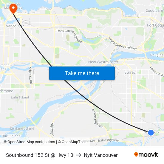 Southbound 152 St @ Hwy 10 to Nyit Vancouver map