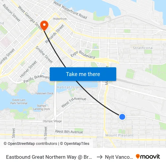 Eastbound Great Northern Way @ Brunswick St to Nyit Vancouver map