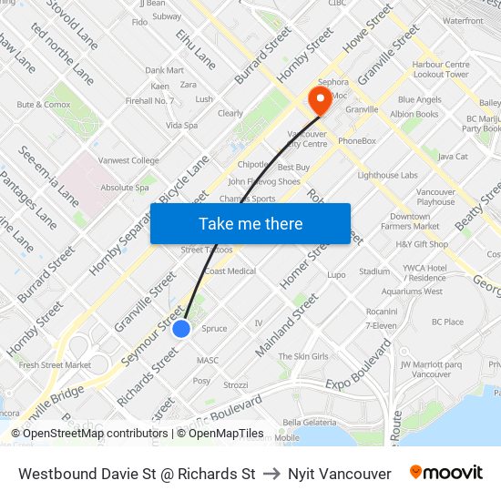 Westbound Davie St @ Richards St to Nyit Vancouver map
