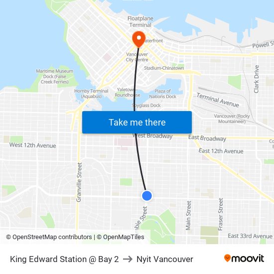 King Edward Station @ Bay 2 to Nyit Vancouver map