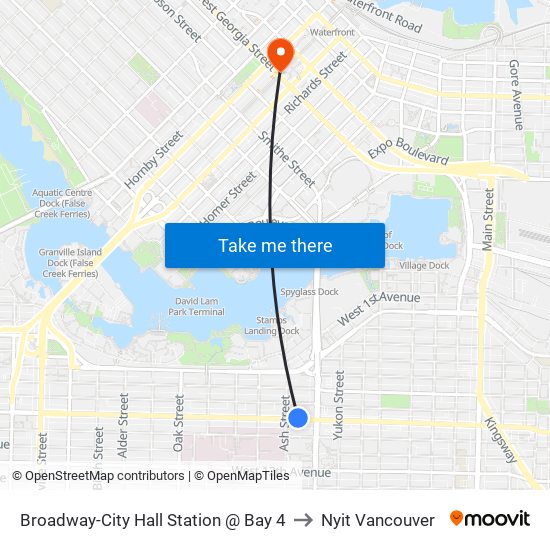 Broadway-City Hall Station @ Bay 4 to Nyit Vancouver map