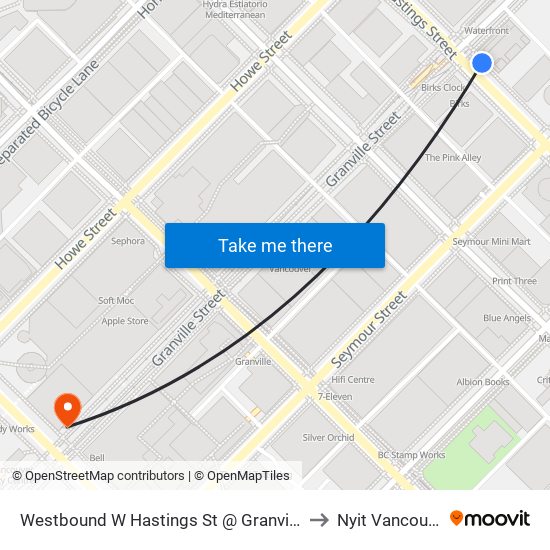 Westbound W Hastings St @ Granville St to Nyit Vancouver map