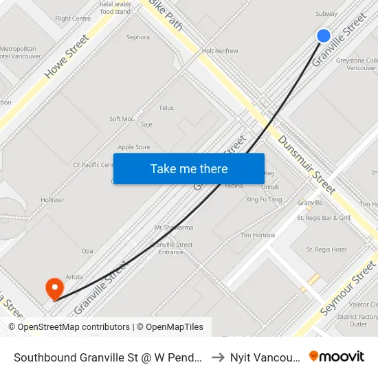 Southbound Granville St @ W Pender St to Nyit Vancouver map
