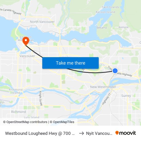 Westbound Lougheed Hwy @ 700 Block to Nyit Vancouver map