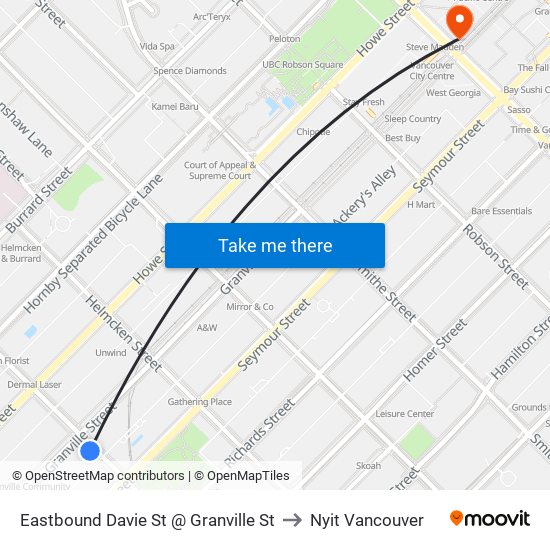 Eastbound Davie St @ Granville St to Nyit Vancouver map