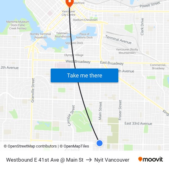 Westbound E 41st Ave @ Main St to Nyit Vancouver map