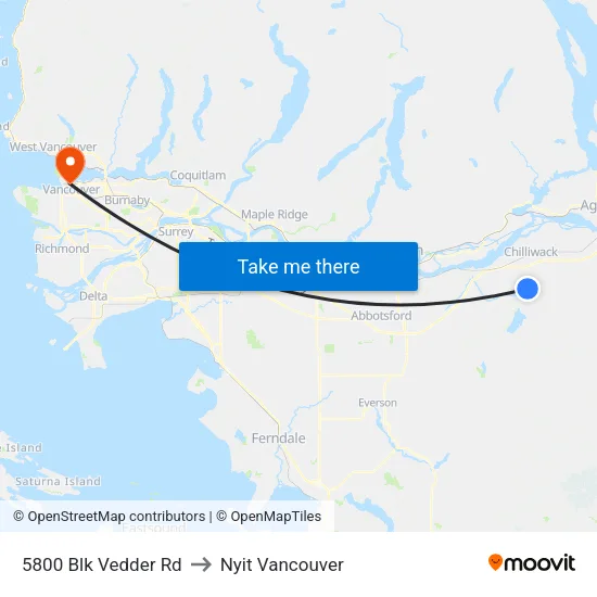 5800 Blk Vedder Rd to Nyit Vancouver map