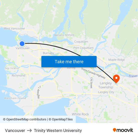 Vancouver to Trinity Western University map