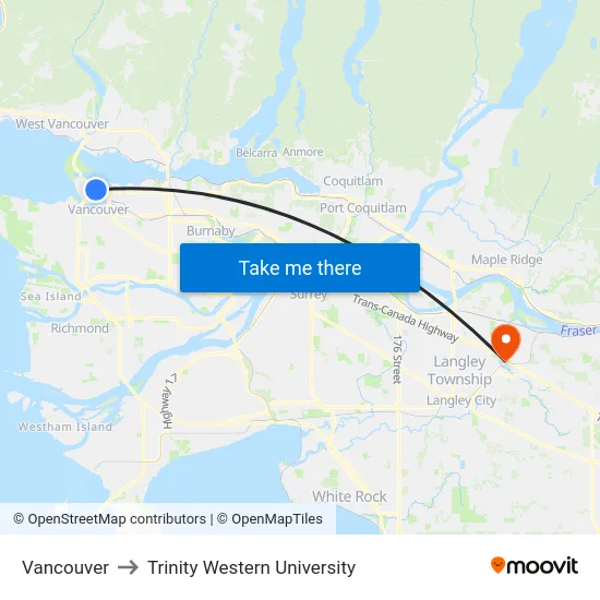 Vancouver to Trinity Western University map