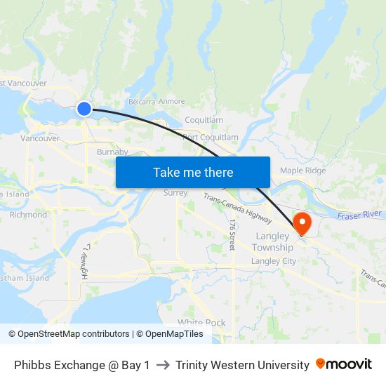 Phibbs Exchange @ Bay 1 to Trinity Western University map