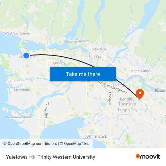 Yaletown to Trinity Western University map