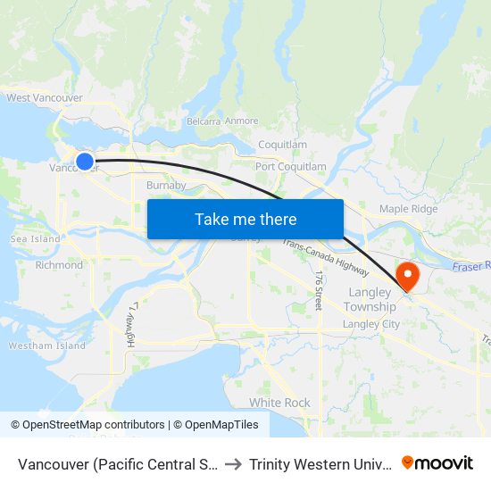 Vancouver (Pacific Central Station) to Trinity Western University map