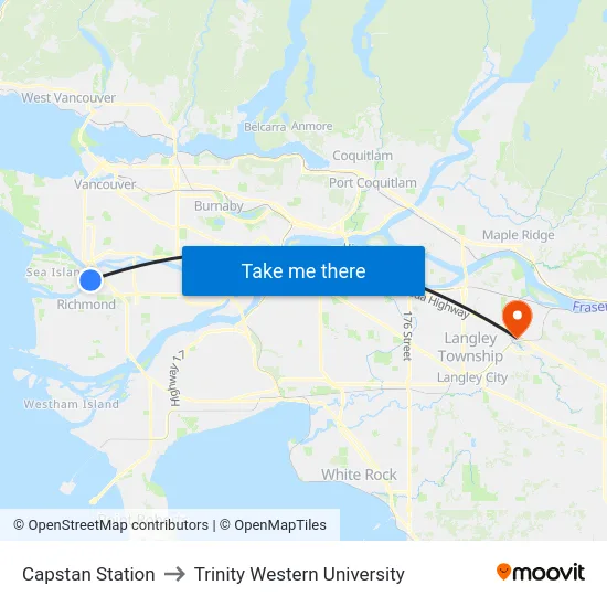 Capstan Station to Trinity Western University map