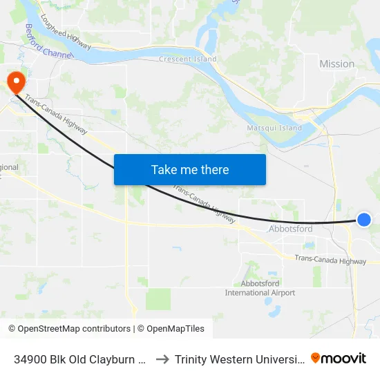 34900 Blk Old Clayburn Rd to Trinity Western University map