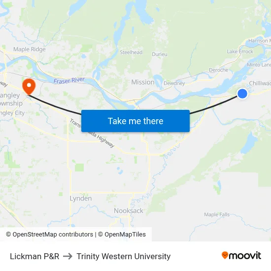 Lickman P&R to Trinity Western University map