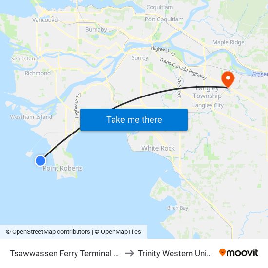 Tsawwassen Ferry Terminal @ Bay 2 to Trinity Western University map