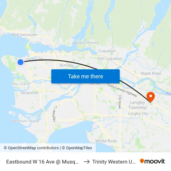 Eastbound W 16 Ave @ Musqueamview St to Trinity Western University map