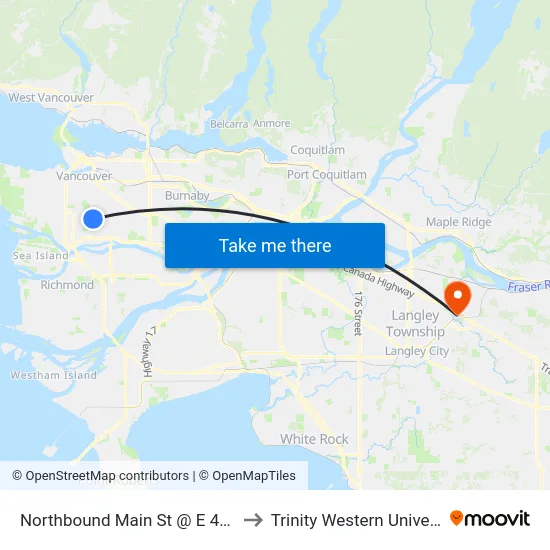 Northbound Main St @ E 46 Ave to Trinity Western University map
