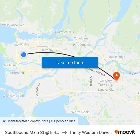 Southbound Main St @ E 41 Ave to Trinity Western University map