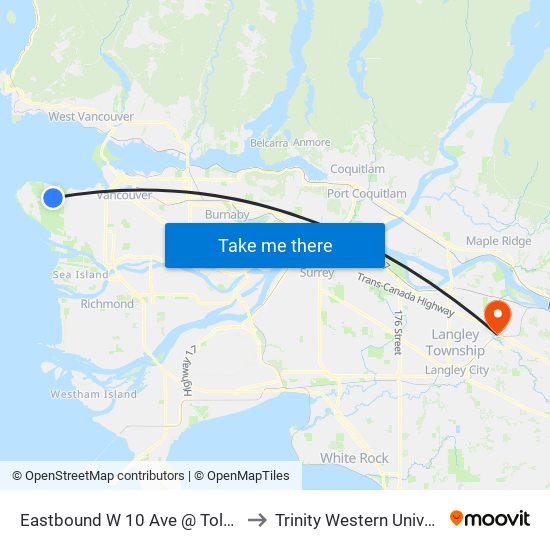 Eastbound W 10 Ave @ Tolmie St to Trinity Western University map