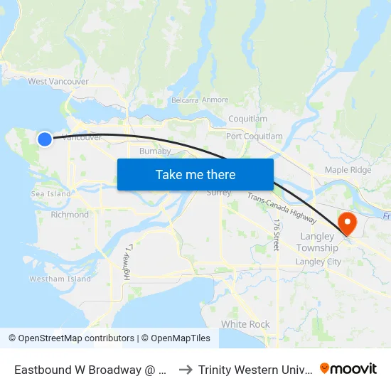 Eastbound W Broadway @ Alma St to Trinity Western University map