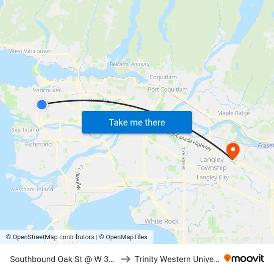 Southbound Oak St @ W 33 Ave to Trinity Western University map