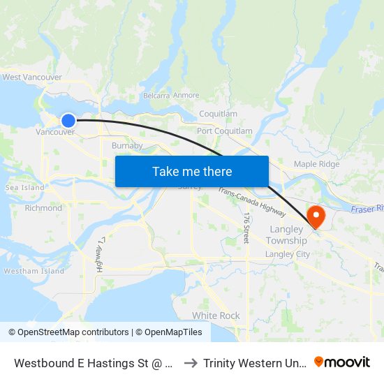 Westbound E Hastings St @ Hawks Ave to Trinity Western University map