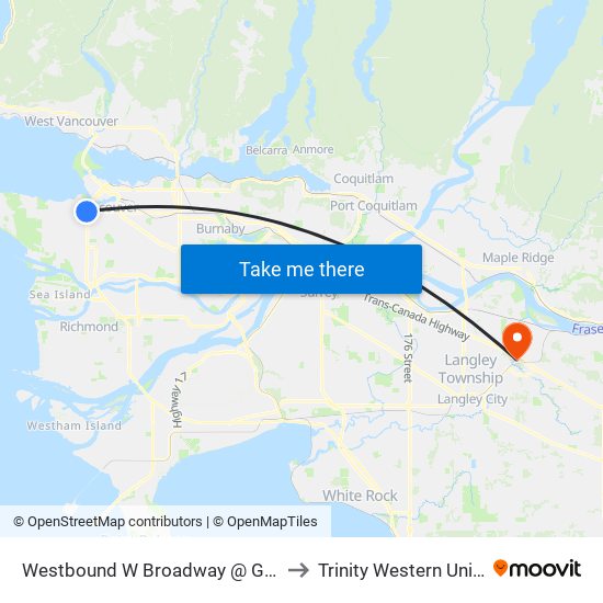 Westbound W Broadway @ Granville St to Trinity Western University map