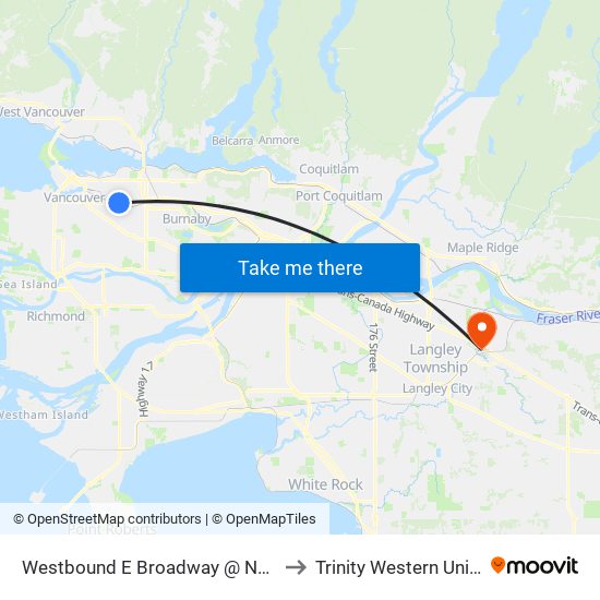 Westbound E Broadway @ Nanaimo St to Trinity Western University map