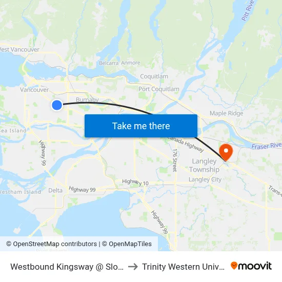 Westbound Kingsway @ Slocan St to Trinity Western University map