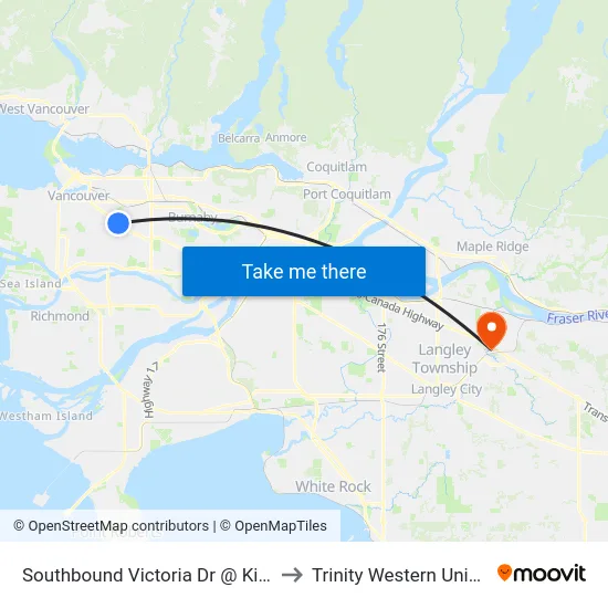 Southbound Victoria Dr @ Kingsway to Trinity Western University map