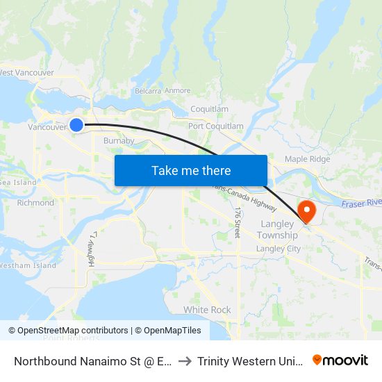 Northbound Nanaimo St @ E 1st Ave to Trinity Western University map