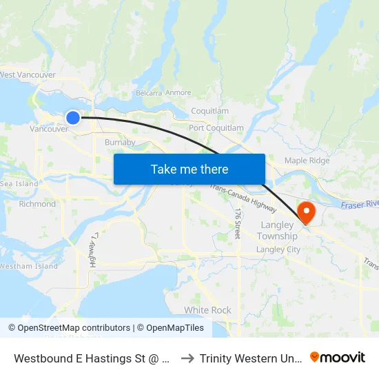 Westbound E Hastings St @ Victoria Dr to Trinity Western University map