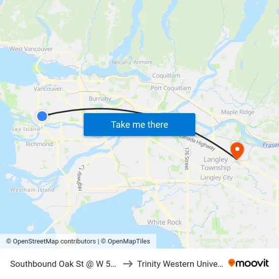 Southbound Oak St @ W 57 Ave to Trinity Western University map
