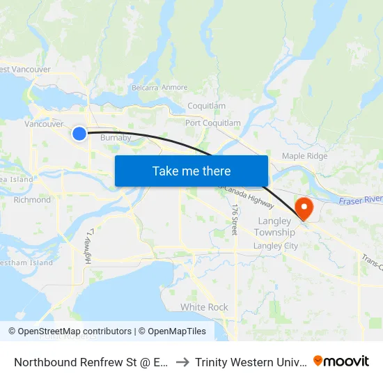 Northbound Renfrew St @ E 17 Ave to Trinity Western University map