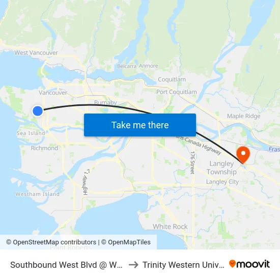 Southbound West Blvd @ W 41 Ave to Trinity Western University map