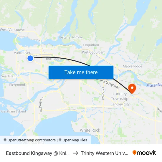 Eastbound Kingsway @ Knight St to Trinity Western University map