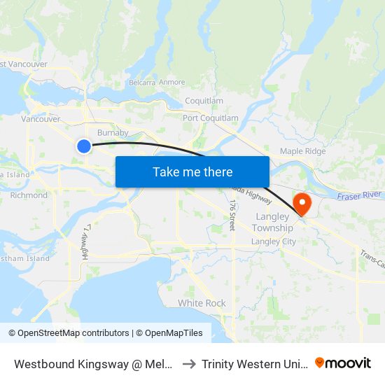 Westbound Kingsway @ Melbourne St to Trinity Western University map