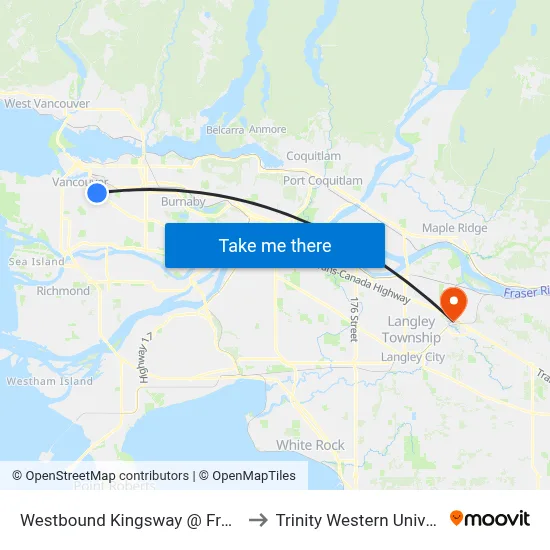 Westbound Kingsway @ Fraser St to Trinity Western University map