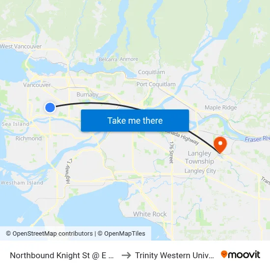 Northbound Knight St @ E 49 Ave to Trinity Western University map