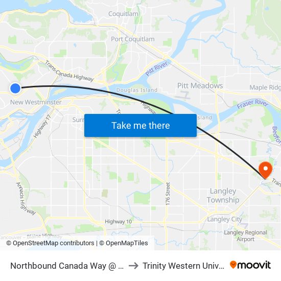 Northbound Canada Way @ 16 Ave to Trinity Western University map