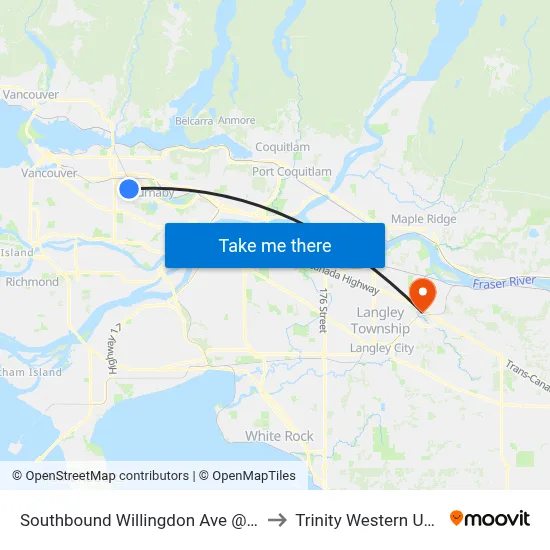 Southbound Willingdon Ave @ Goard Way to Trinity Western University map
