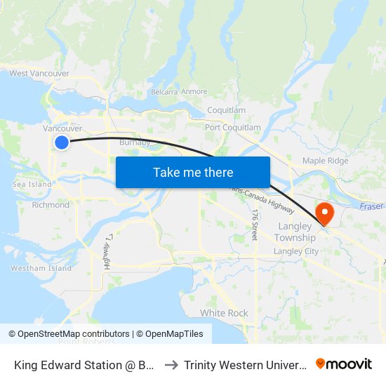 King Edward Station @ Bay 1 to Trinity Western University map