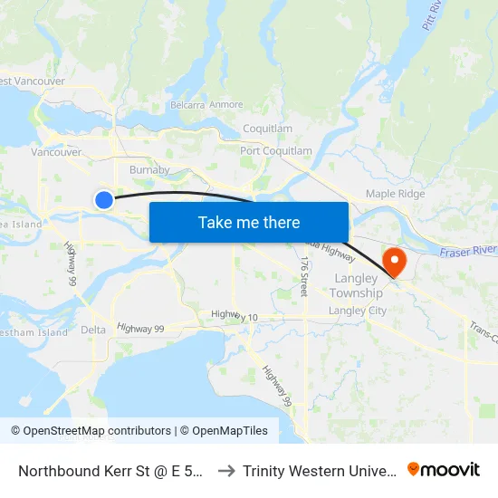 Northbound Kerr St @ E 54 Ave to Trinity Western University map