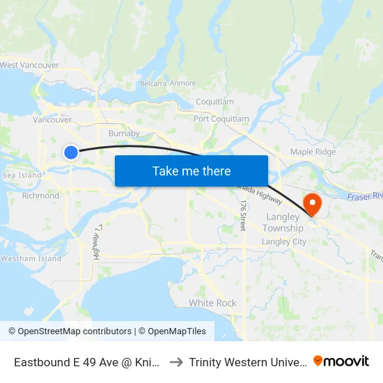 Eastbound E 49 Ave @ Knight St to Trinity Western University map