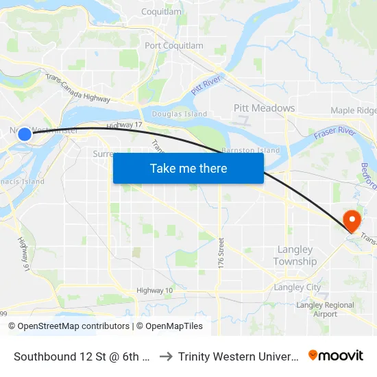 Southbound 12 St @ 6th Ave to Trinity Western University map