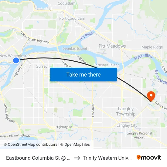 Eastbound Columbia St @ 6th St to Trinity Western University map