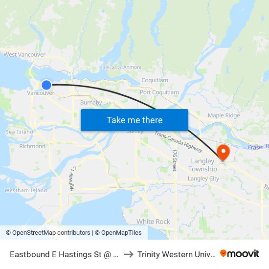 Eastbound E Hastings St @ Main St to Trinity Western University map