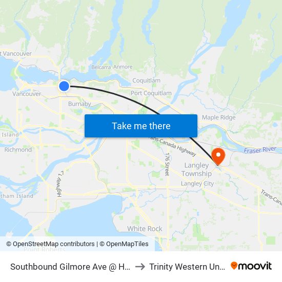 Southbound Gilmore Ave @ Hastings St to Trinity Western University map